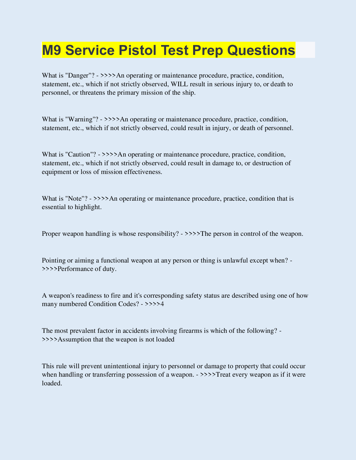 M9 Service Pistol Test Prep Questions 100 Questions with 100 Correct Answers Updated & Verified